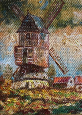 #ad #ad ACEO oil on canvas painting 35quot;x25quot; windmill country village rural landscape $6.50
