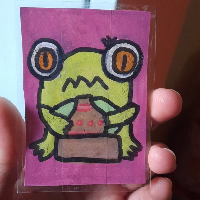 Hand Painted Signed OOAK Pottery Frog  art Card laminated aceo atc