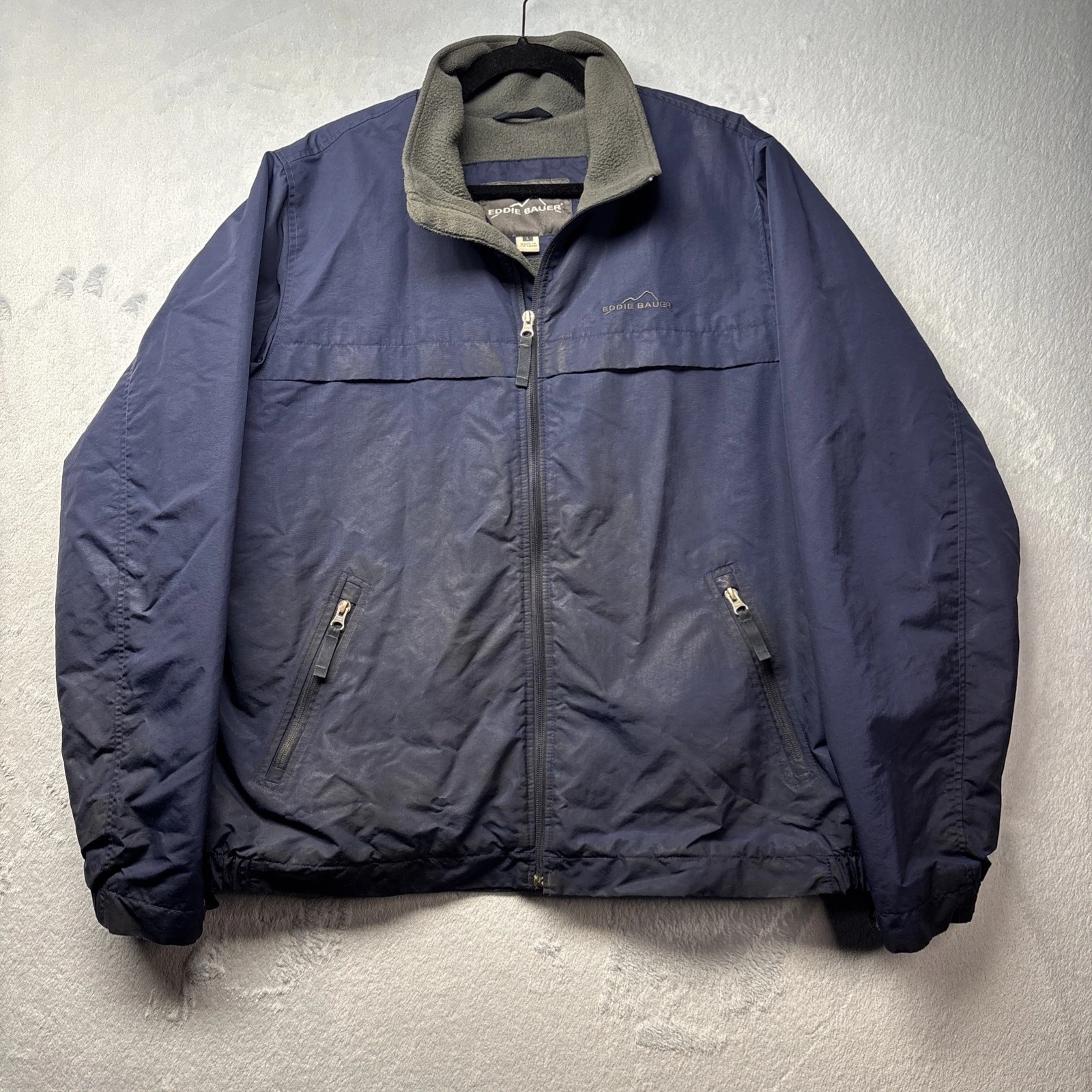 Eddie Bauer Windfoil Thermore Fleece Lined Blue Windbreaker L Jacket Distressed