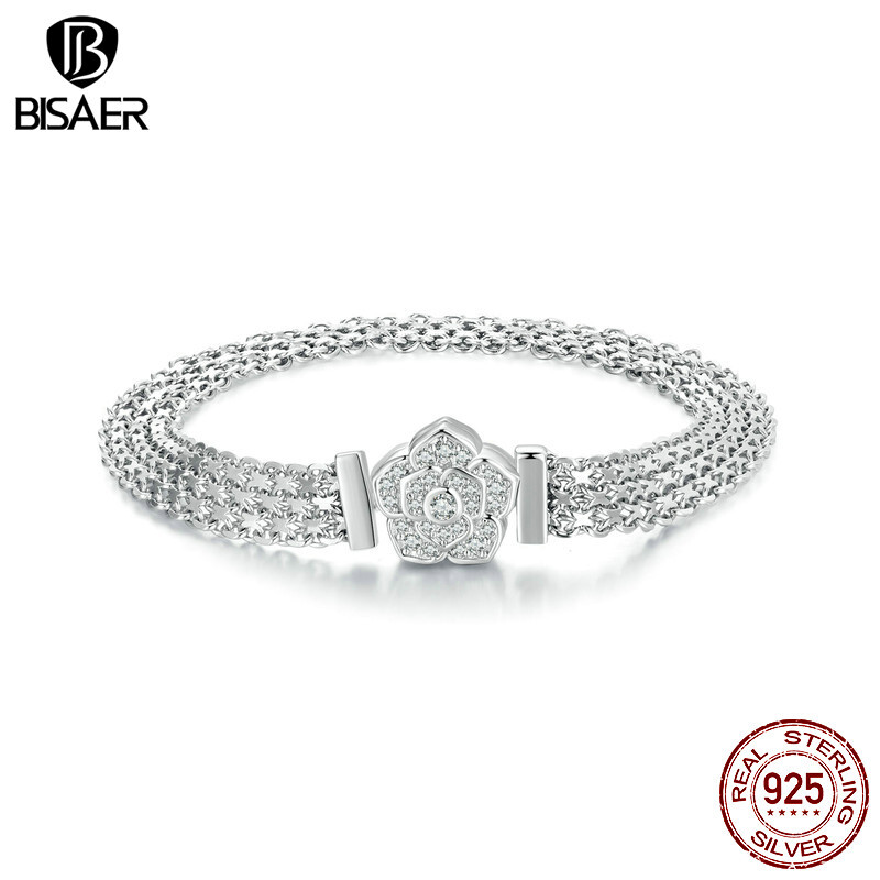 Bisaer 925 Sterling Silver Rose Basic Chain Charm Bracelet For Women Gifts DIY