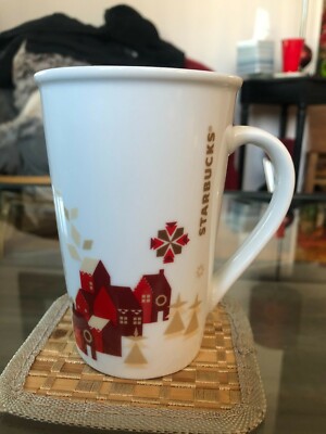 Starbucks Christmas Village 2013 12 oz Coffee Mug Red Gold Holiday Houses  Cup | eBay