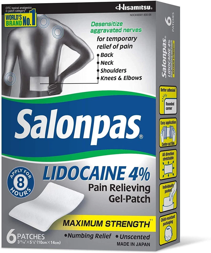 Parche de gel para aliviar el dolor Salonpas LIDOCAINE fuerza máxima paquete de 5 Foto 4 de 4