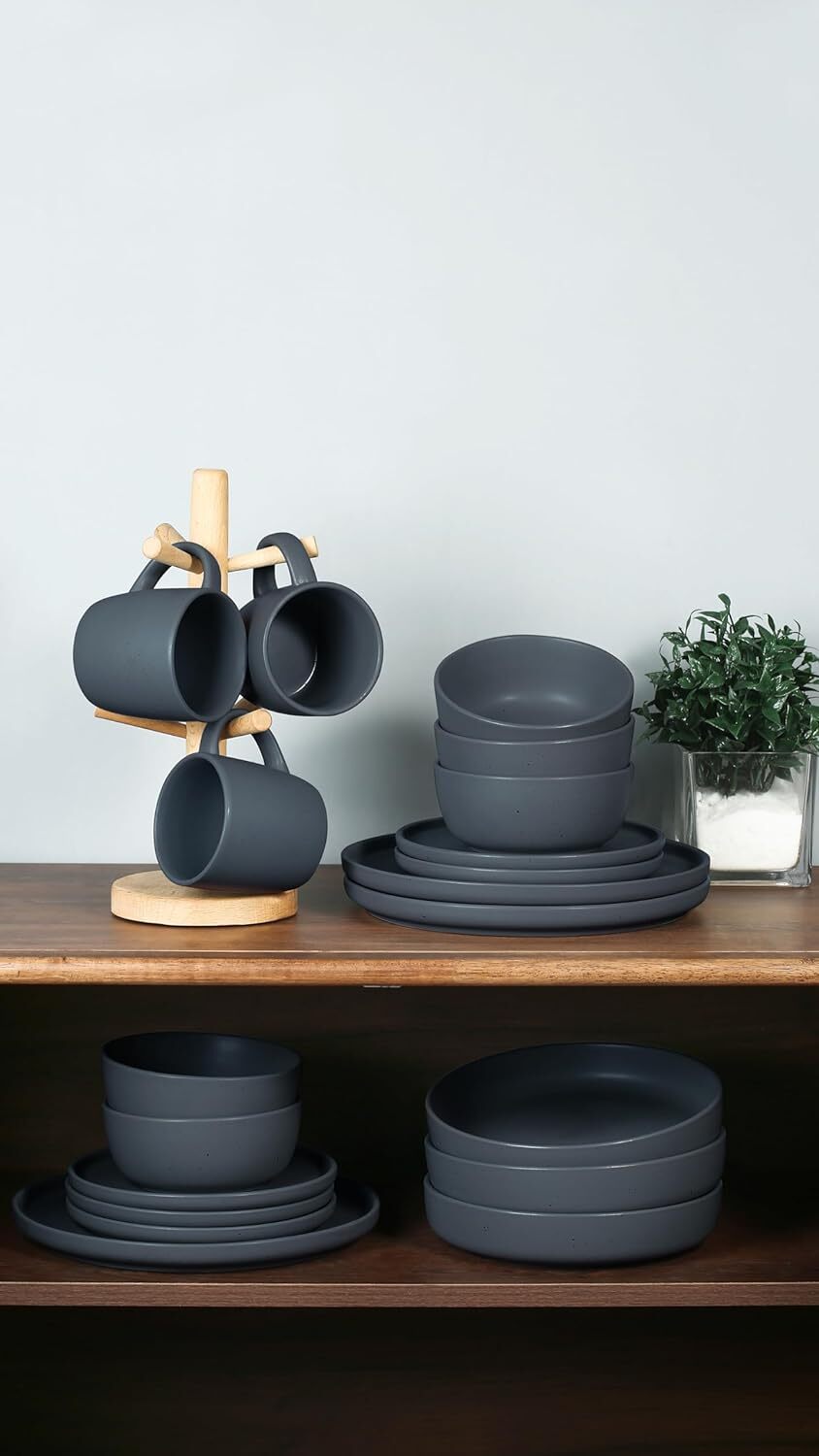 Famiware Dawn Plates and Bowls Sets, 12 Pieces Stoneware Dinnerware Charcoal 