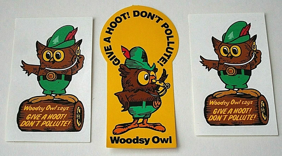 Juego de 3 Woodsy The Owl Give A Hoot Don't Contalute! Pegatinas años 90 nuevas NOS Foto 2 de 3