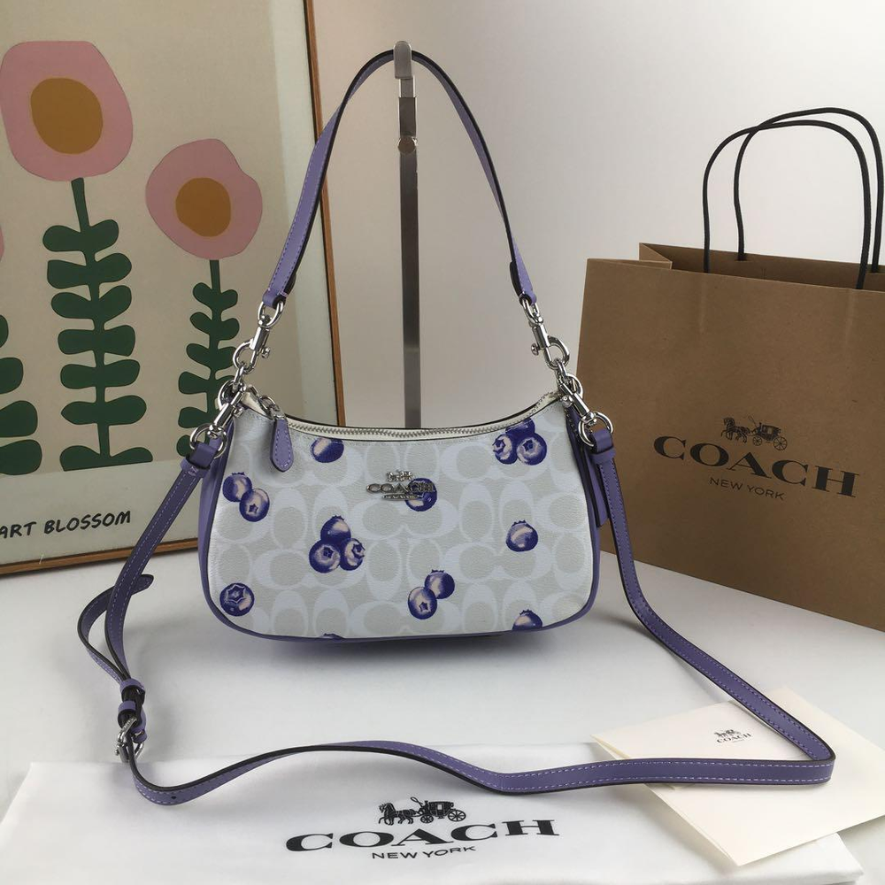 COACH Teri Shoulder Bag Signature Canvas Leather Fashion Blueberry Print NWT