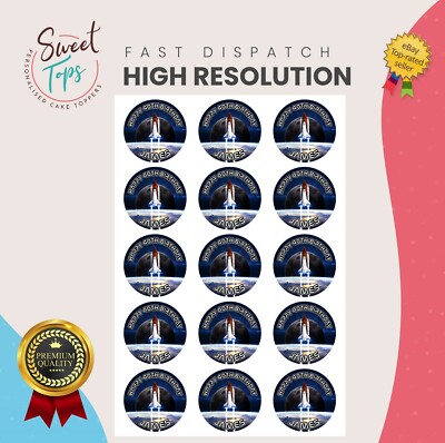 15X SPACE SHUTTLE GEBURTSTAG 2'' PERSONALISIERTE RUNDE ESSBARE CUPCAKE-AUFLEGER