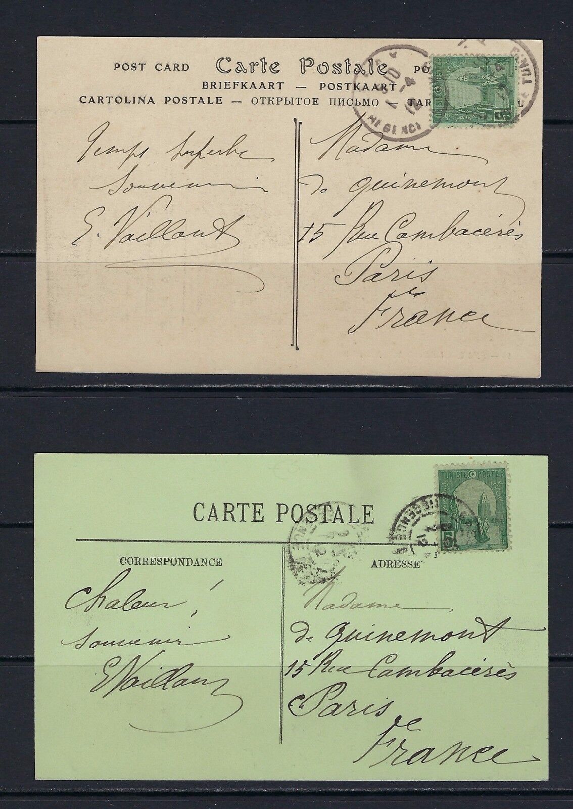 B&D: Tunisia Scott 32(x2) on colonial postcards to Paris--fresh
