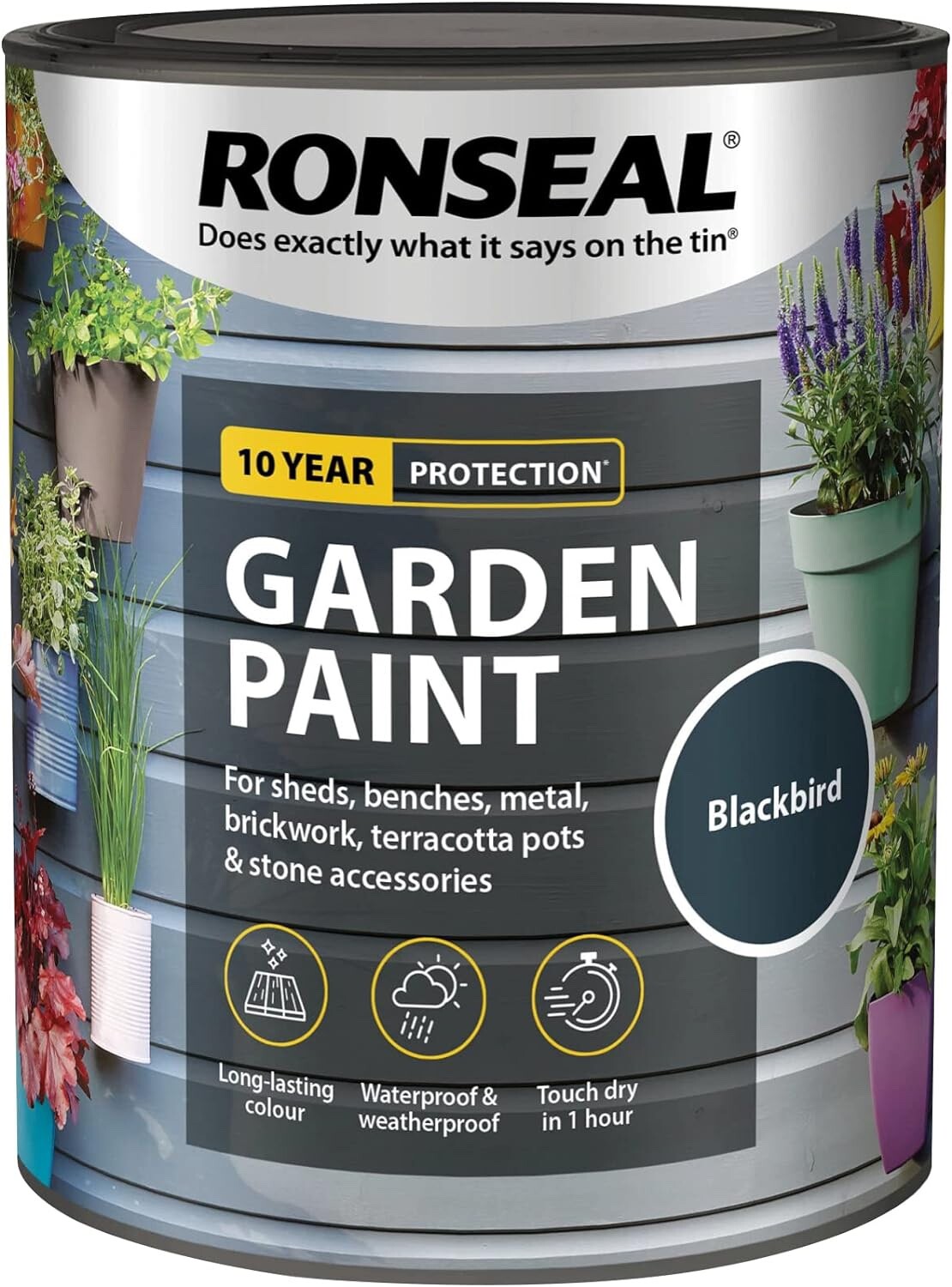 Ronseal Garden Paint Metal Wood Brick Stone Shed Furniture Pot 750ml - Blackbird