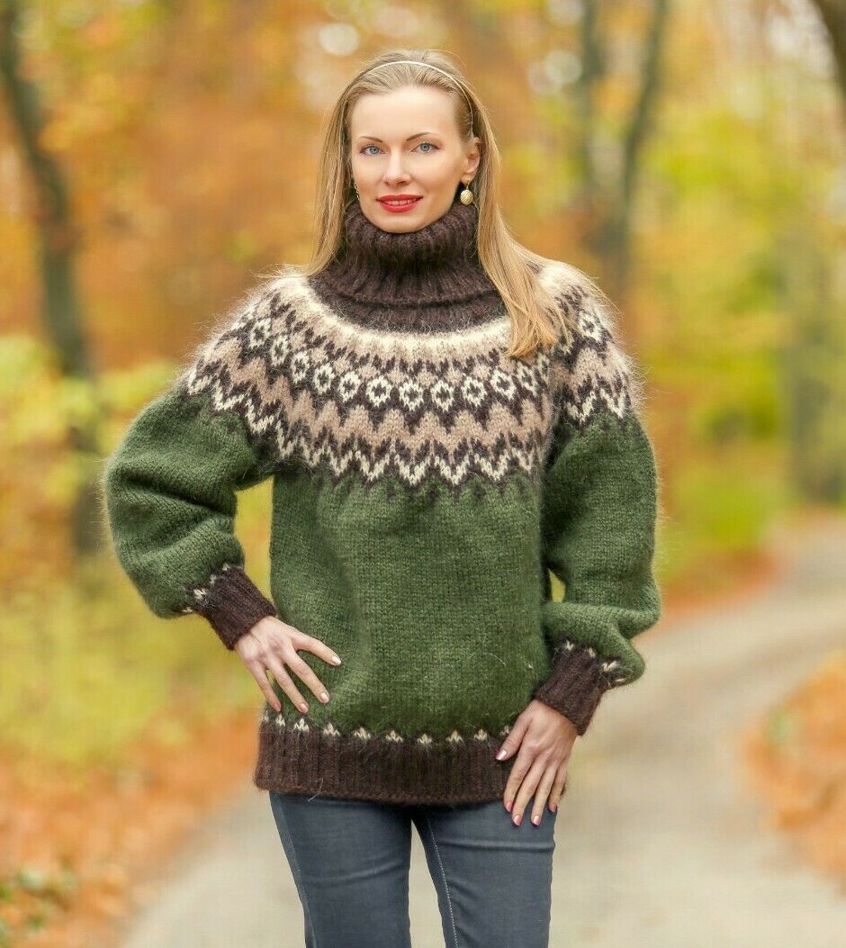 Brown green mohair sweater Icelandic fuzzy blouse turtleneck