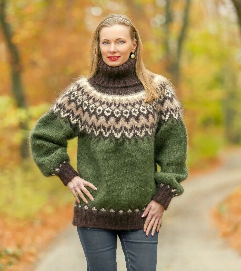 Brown green mohair sweater Icelandic fuzzy blouse turtleneck jumper SUPERTANYA