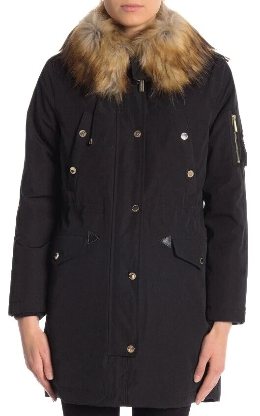 Parka con cappuccio Michael Kors donna nero piccolo Missy finiture in pelliccia sintetica NUOVO!