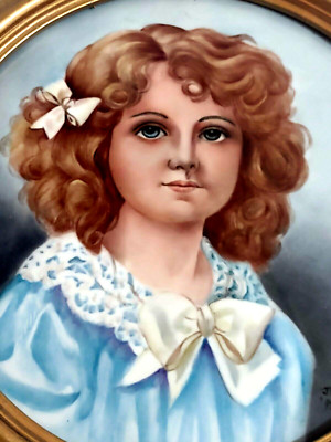 Hand-Painted Porcelain Portrait Artist J.E. Helm Girl in Blue Dress w Gold Frame