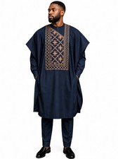 3- Piece Mens Agbada Blue Long- Sleeve Round Neck Robe Shirt African Suit Size L