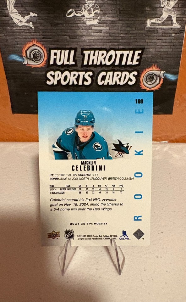 Carte De Hockey Macklin Celebrini - Upper Deck SPx 2024-25 - Rookies #160 - Sharks