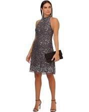 Aidan Adrianna Papell Size 2 Gray Beaded Sequin Halter Cocktail Dress Homecoming