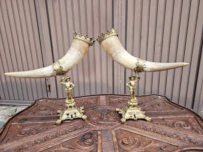 PAIR Brass musketeer figurine Cornucopia horn sculpture statue set