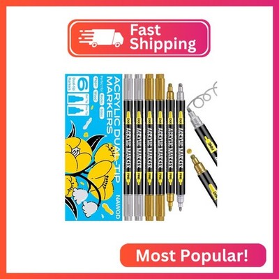 NAWOD 6 Gold and Silver Acrylic Paint Pens Markers, with Fine Tip and Medium Tip