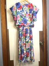 Starlo Fashions (VTG 11/12) Lightweight Floral Belted Midi Blouson Dress USA 80s