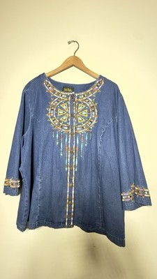 Bob Mackie 3X Denim Jacket Embroidered Geometric Southwestern Boho Blue Shirt
