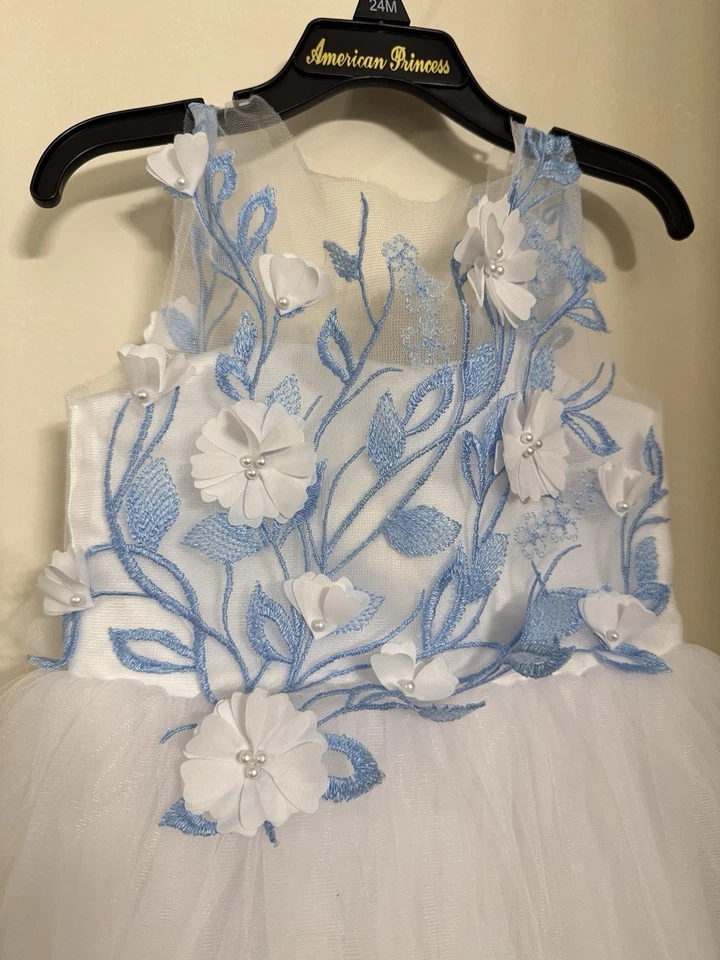 Vestido Niña Flor Azul con Tren, Vestido Niña Azul, Vestido Niña Flor Marfil Foto 4 de 4