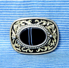 Western Dress Belt Buckle Black Banded Stone Mount Cowboy Cowgirl Vtg 80s.TYC447