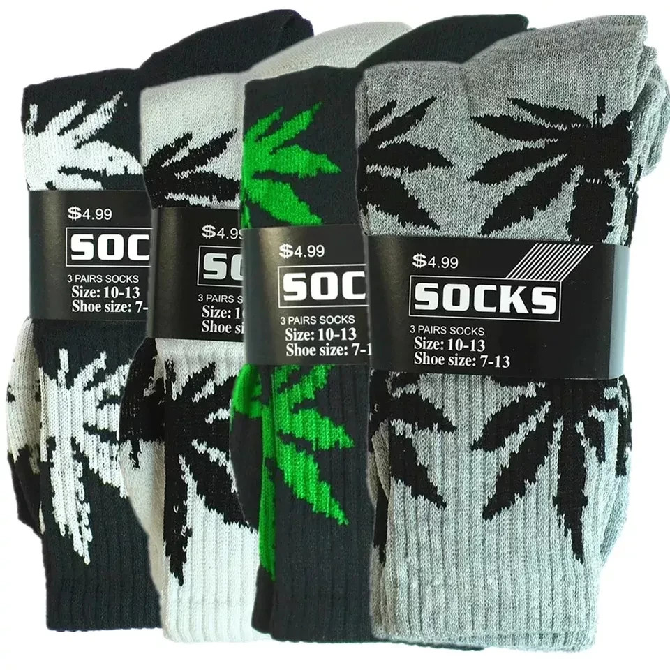12 Pairs Men's Sports Leaf Weed Marijuana Crew Cotton Long Socks Size 9-11 10-13