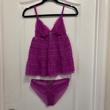 Victoria Secret Women's Sheer/Lace Tiered Babydoll Set Color Magenta Size M NWOT