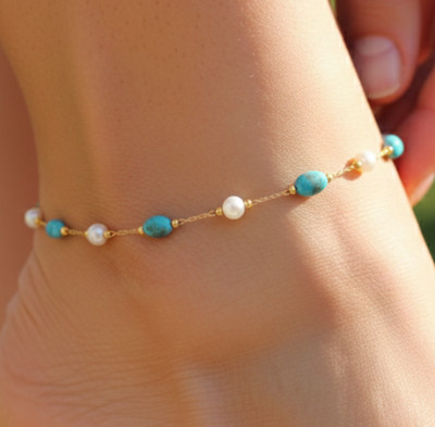 Elegant Gold Tone Anklet Minimalist Boho Turquoise & Pearl Beaded Pattern Anklet