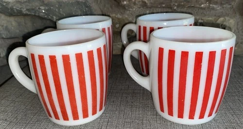 Vintage Hazel Atlas Red Candy Stripe White Milk Glass Coffee Cup Mug Lot 4