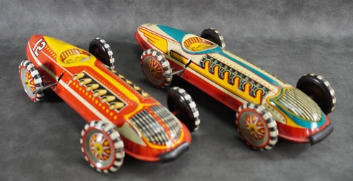 Pair of Marx Tin Litho Wind Up Boat Tail Race Car 17" Long W27