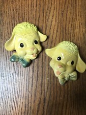Vintage Chalkware Lamb Wall Plaque Nursery Set of 2 Head Plaques Gray Red Bow
