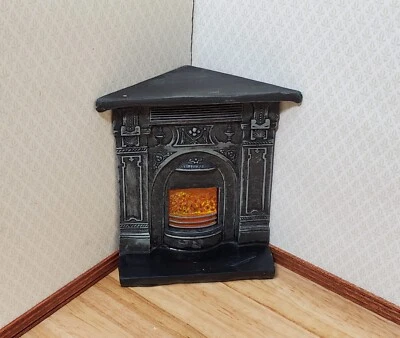 THE DOLLS HOUSE EMPORIUM Dollhouse Corner Fireplace with Fire Black Resin 1:12 Scale Miniature Furniture