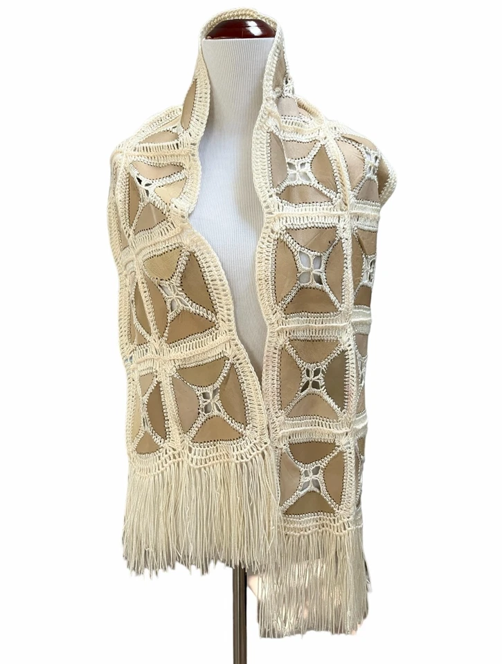 复古波西米亚围巾多色人造麂皮绒流苏象牙钩针纱 — 第 4/4 张图片