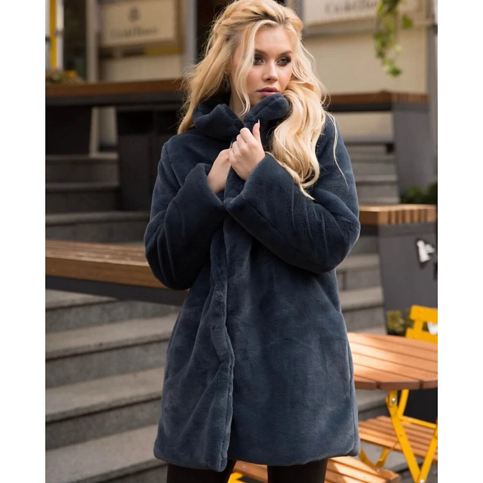Womens Rex Rabbit Fur Coat Ladies Stand-up Collar Winter Fur Coat Mid-long Parka - Image 4 of 4