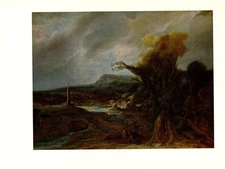 1967 Vintage REMBRANDT "LANDSCAPE WITH AN OBELISK" COLOR offset Lithograph Print
