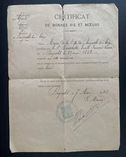OLD PAPER CERTIFICATE OF GOOD LIFE AND MORALS 1893 BAGNOLS SUR CEZE GARD 30