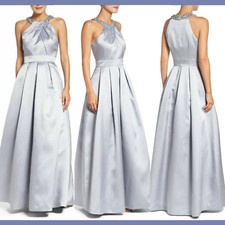 NEW Eliza J [Size 8 ] Beaded Bejeweled Pleated Ball Gown in Grey Silver #G295
