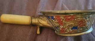 Antique Chinese Brass Silk Coal Pan Iron With Jade Handle Vintage