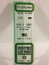 Evergreen # 113 Styrene Strip .015" Thick - 14" Long; pkg(10) x .060"A Scale MIB