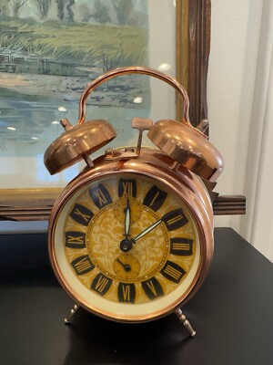 MCM INSA Yugoslavia Copper Alarm Clock Peg Leg Double Bell Wind Up