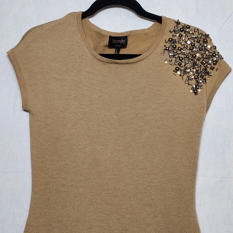 Sexy Vestido Suéter De Colección Talla S Con Cuentas Shelli Segal Tostado Tejido Brillante Estrás Forrado Foto 4 de 4