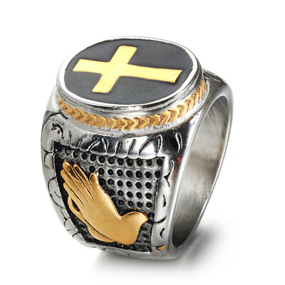 Jesus Cross Prayer Ring Men Women Stainless Steel Praying Hands Ring Biker  Punk