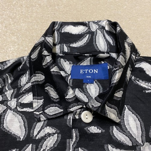 Eton Button-Up Shirt Men's Large Black Floral Slim Fit Casual Lightweight - Picture 2 of 11