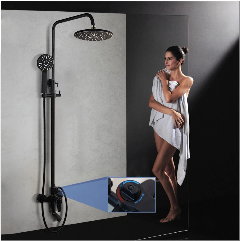 Thermostatic Black Shower Faucet Bathroom Round Rain Wall Mount Hand Held Shower
