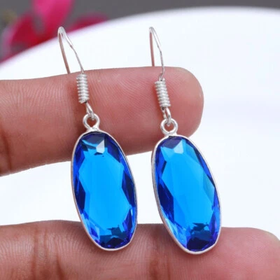Fantastische Blau Topas Edelstein 925 Sterling Silber Handgemacht Ohrring S-40 - Bild 1 von 4