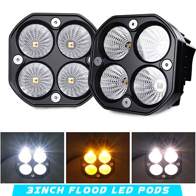 2P 3inch Flood LED White/Amber Strobe Pods Work Light Driving Fog Lamp For SUV