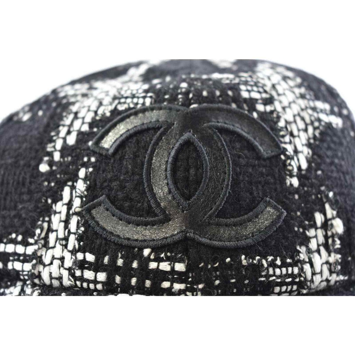 Chanel REV Black White Tweed Check CC Logo Baseball Cap Curved Peak Hat M  Medium