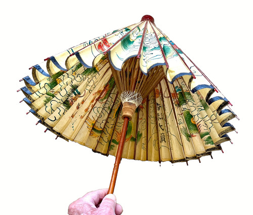 VTG Hand Painted Chinese Bamboo Rice Paper Wood Umbrella Parasol Signed Dragons