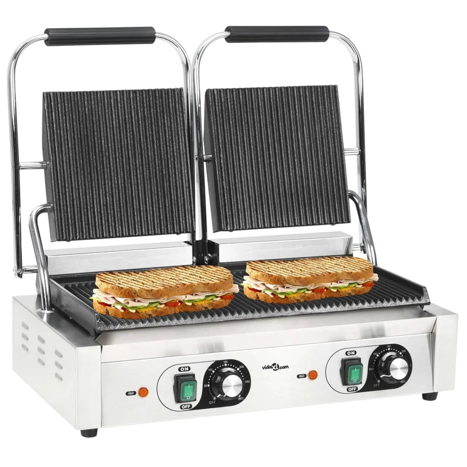 Griglia per Panini Scanalata in Acciaio Inox 1800W 31x30,5x20cm Piastra vidaXL - Immagine 3 di 3