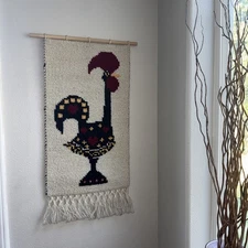 MCM Style Woven Embroidered wall tapestry Folk art Bird Hearts Scandinavian.